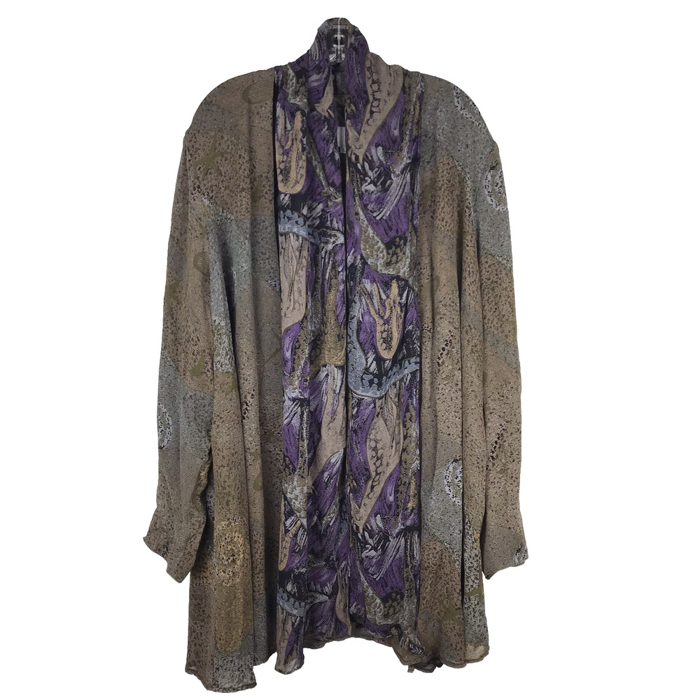 VTG Platinum Dorothy Schoelen Open Front Jacket Attached Scarf Tan Purple Large